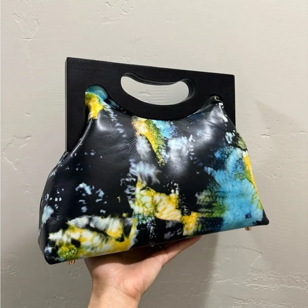 Unique Cowhide Leather Tie-dye Print Handmade Wooden Frame Top Handle Bag